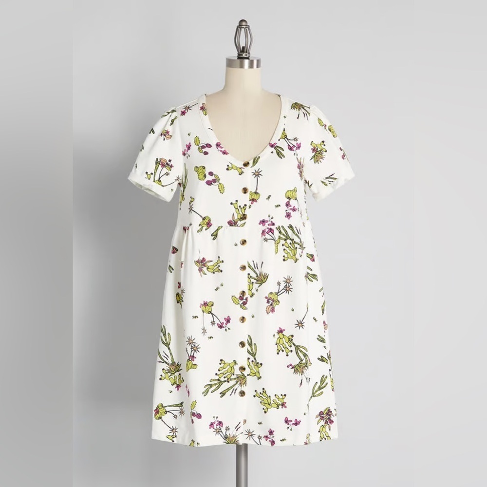 ModCloth Easy Days Button Front Short Sleeve Babydoll Cactus Dress Women's XL